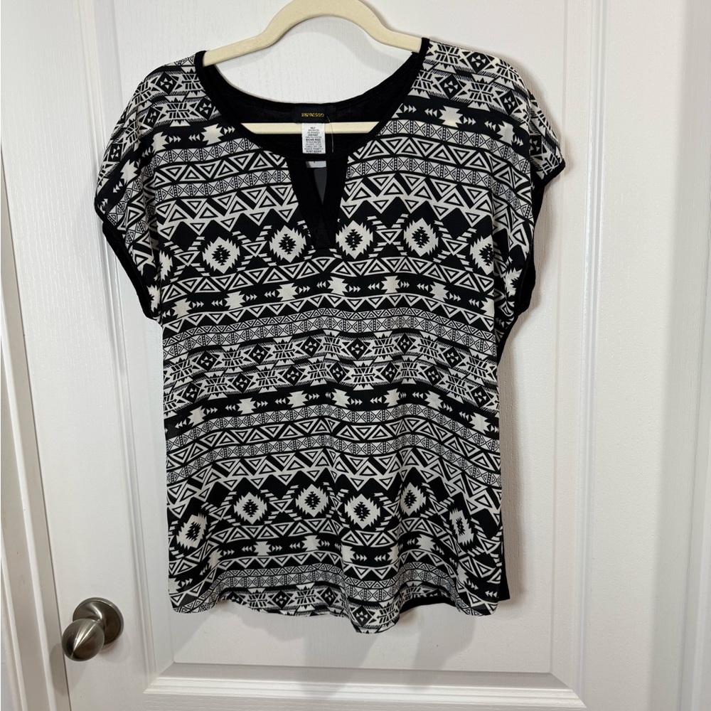 Espresso Black and White Tribal Print Blouse